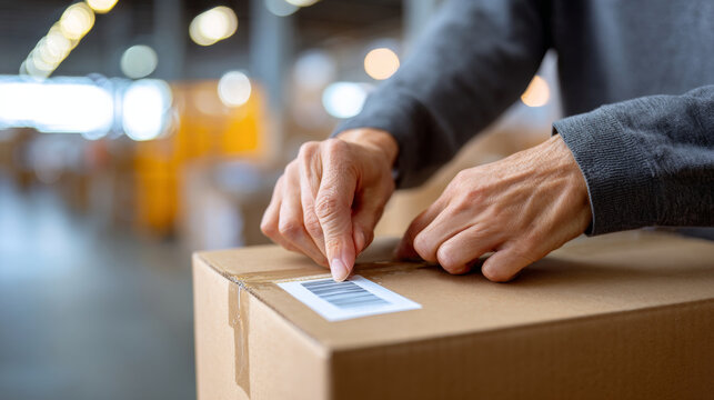 A person is sealing a cardboard box with shipping labels on it in the warehouse - Powered by Adobe