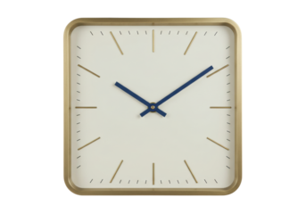 Isolated modern square clock with blue hands and bronze frame, on a clean backdrop.