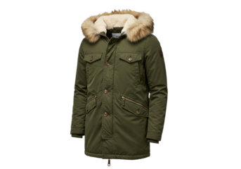 Isolated green parka jacket with fur hood ready for winter weather, a fashionable outerwear