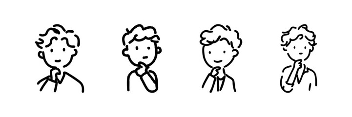 Obraz premium Four Thoughtful Characters Line Icon Set In Doodle Style. Contemplation, Decision-Making, And Curiosity Outline Sketch Collection. Hand Drawn Isolated Vector Illustration