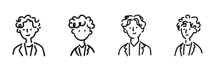Fototapeta premium Curly Haired Male Portraits Line Icon Set In Doodle Style. Diverse Male Characters With Curly Hairstyles Outline Sketch Collection. Hand Drawn Isolated Vector Illustration