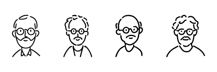 Elderly Male Characters With Glasses Line Icon Set In Doodle Style. Senior Men, Aging, And Wisdom Representation Outline Sketch Collection. Hand Drawn Isolated Vector Illustration