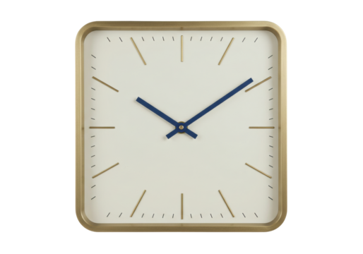 Isolated modern square clock with blue hands and bronze frame, on a clean backdrop.