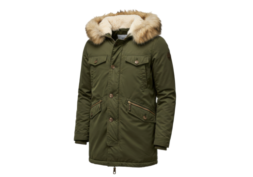Isolated green parka jacket with fur hood ready for winter weather, a fashionable outerwear