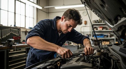 Car mechanic working on car engine in workshop with focused expression