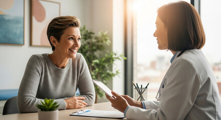 Smiling mature woman consulting with female doctor in medical office with sunlight