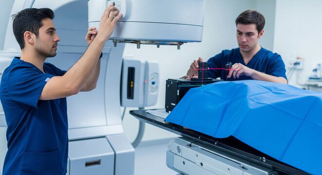 Two male medical technicians adjusting advanced radiology equipment clinical room with focused