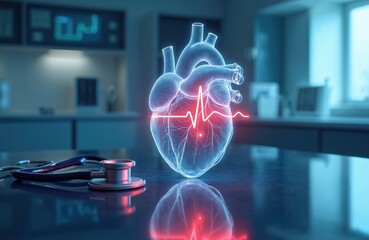 Digital illustration of human heart with cardiogram and stethoscope. Medical visualization for cardiology health care clinic. Modern tech digital innovation concept for wellness treatment.