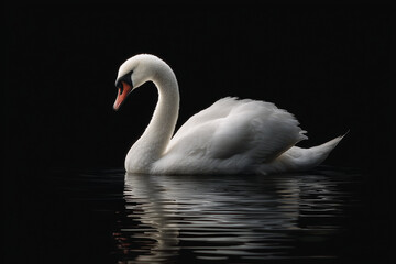 Elegant mute swan gliding across black water with striking mirror reflection, pristine white feathers, graceful curved neck and serene poise