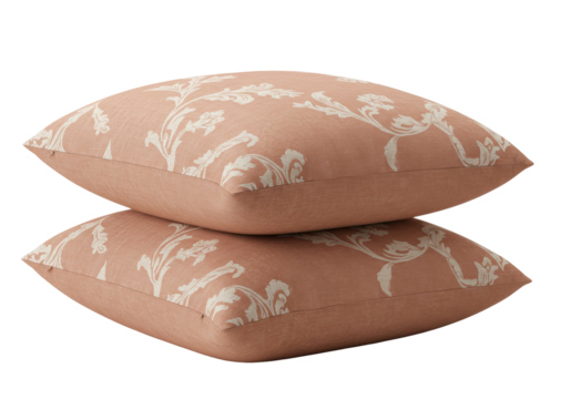 Isolated pair of peach-colored square decorative pillows with a floral pattern for interior design