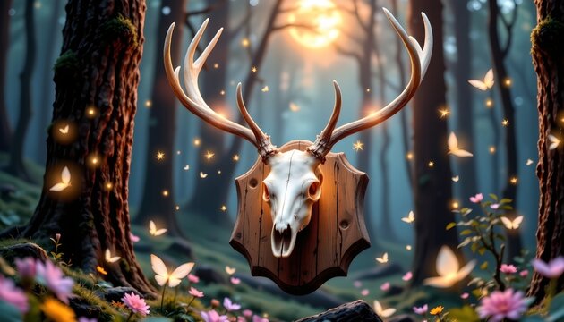 Mystical Forest Scene with Glowing Ethereal Stag Skull