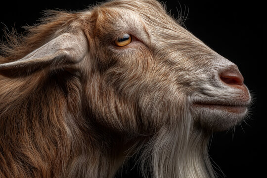 Studio close-up of a brown goat in profile, highlighting golden eye, textured fur and a long beard against a black background - Powered by Adobe