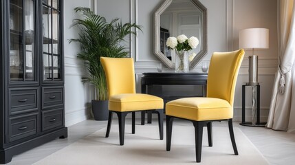 Fototapeta premium Modern dining room features a round table with yellow armchairs on a beige carpet against a white wall showcasing minimalist home decor