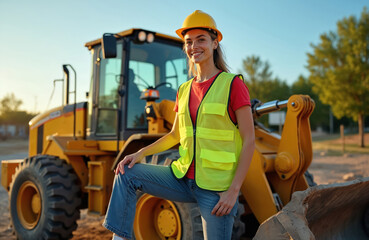 Woman construction worker in yellow hard hat and safety vest poses near heavy earth mover vehicle at sunny day. Female operator smiles ready for job on building site.