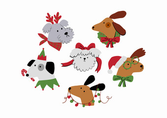 Fototapeta premium Cute cartoon dogs of different breeds and Christmas decorations, candy, gifts, garlands, cookies, bone. Festive vector illustration - dog on winter holidays in flat style.
