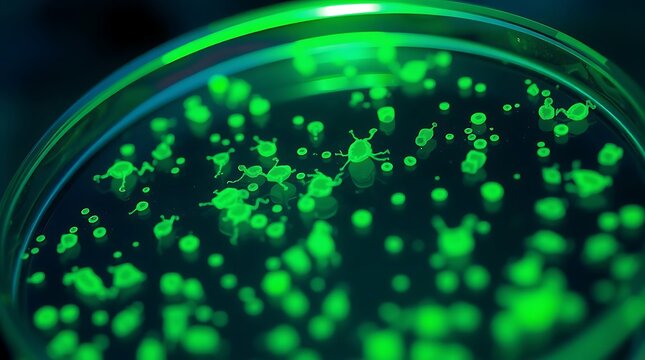 A close-up, macro photograph of a laboratory petri dish containing glowing microorganisms, illuminated with an ethereal green light, highlighting biological research