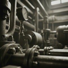 Industrial pipes and pressure gauge close-up with flanges bolts and moody workshop lighting.