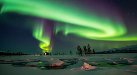 Northern lights aurora borealis with cabin and person lying on frozen lake under green sky