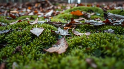 An ultra-realistic forest floor, detailed moss and fallen leaves, close-up perspective, macro photography, rich textures and deep greens