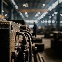 Close-up industrial machinery with worn metal bolts pipes and blurred factory interior.