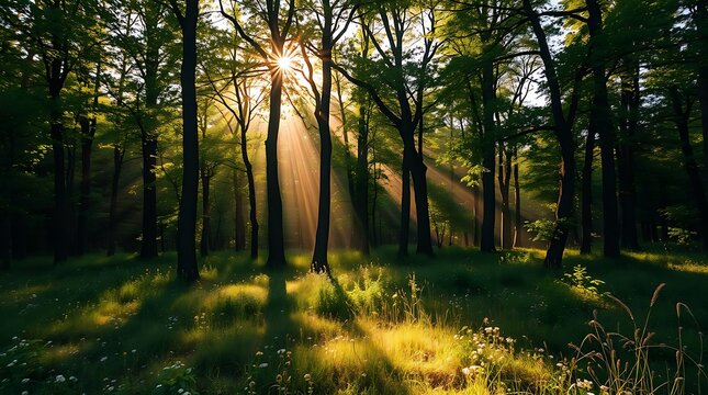 An ultra-realistic forest clearing bathed in golden hour light. Rays of sunlight pierce through the leaves, creating a warm and inviting ambiance. Wildflowers dot the ground