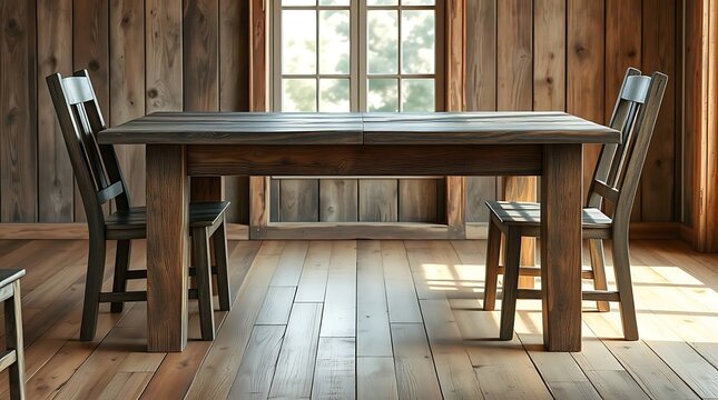 Ultra-realistic depiction of a rustic wooden dining table and chairs, aged wood texture, natural light, rustic aesthetic