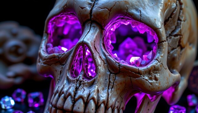 Ancient Skull with Glowing Amethyst Crystal Interior
