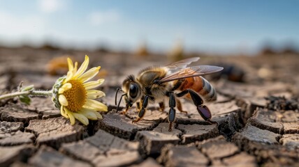 Obraz premium A lifeless bee lies on the parched, cracked soil next to a single wilting flower, symbolizing the reduction of biological diversity due to climatic stress.