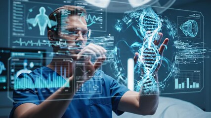 Medical Professional Interacts with Futuristic Holographic Display Showing DNA and Data in Advanced Healthcare Environment - Powered by Adobe