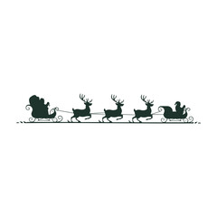 Silhouette of Santa Claus Sleigh with Reindeer on White Background