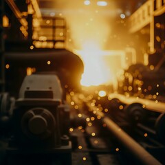 Molten steel pouring in a steel mill with sparks and heavy industrial infrastructure.