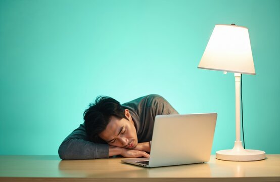 Asian man sleeps on desk near laptop and lamp. Tired worker rests head on arms at night. Overworked employee falls asleep while studying or working. - Powered by Adobe