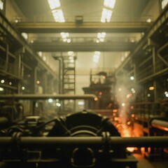 Heavy industrial interior with machinery welding sparks and molten metal under dramatic lighting.