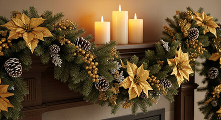 Indoor scene shows mantelpiece decoration: fir branches, gold flowers, pine cone and three candle, festive arrangement, representing holiday, tradition