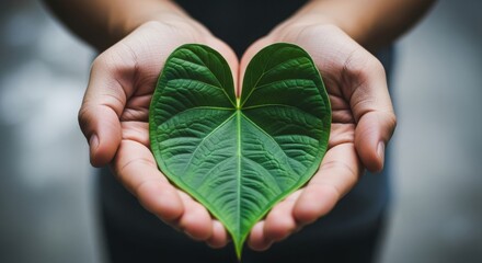 Hands holding a green leaf shaped like a heart, symbolizing love for nature and the environment