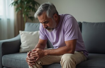 Fototapeta premium Middle-aged man experiences knee discomfort seated on sofa indoors. Holds leg tightly, displaying signs of pain, distress. Scene suggests issue with joint health, potential physical limitations.