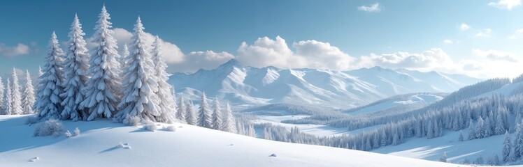 Fototapeta premium Snowy mountain range with frosted pine trees, clear blue sky, and white clouds. Pristine winter landscape offers serene natural beauty. Untouched nature scene.