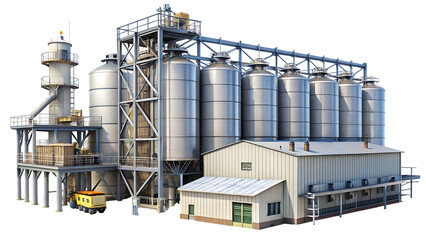 Obraz premium Industrial grain silos and processing facility with storage tanks and loading bay isolated on a transparent background