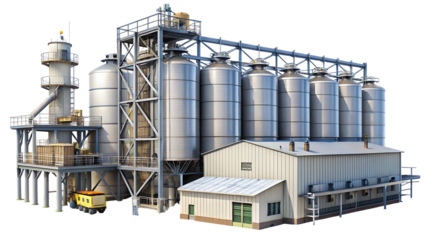 Industrial grain silos and processing facility with storage tanks and loading bay isolated on a transparent background
