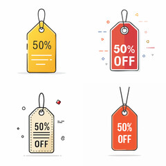 Vector hanging price tag with text 50% OFF, flat minimal style, clean outline design for retail and e-commerce sale promotion.