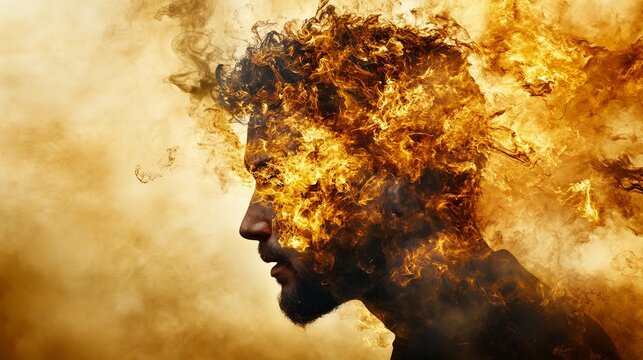 Man's portrait is engulfed by fire and smoke, appearing as a symbolic representation of intense emotion or transformation.