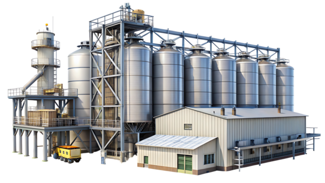 Industrial grain silos and processing facility with storage tanks and loading bay isolated on a transparent background