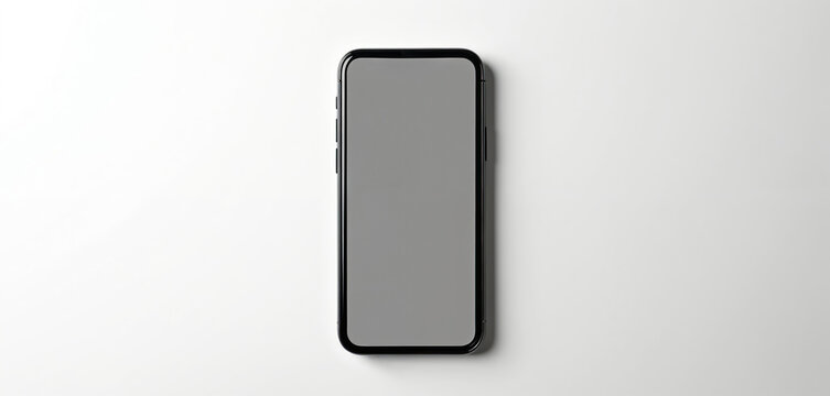 Modern smartphone with blank grey screen on white background. Device ready for app interface display or advertisement. Minimalist design promotes new product launch.