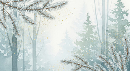 Watercolor painting of frosted pine bough, soft blue and green forest background, evokes winter, calmness and nature, festive season, free space