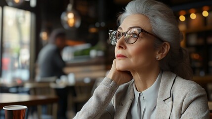 Pensive Senior Businesswoman Engaged at Cafe