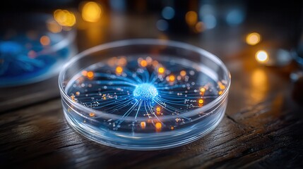 Captivating close-up of a vibrant blue neural network glowing within a petri dish, symbolizing innovation and scientific discovery
