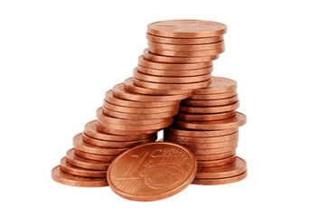 Isolated arrangement of bronze colored one cent euro coins stacked in various piles, money