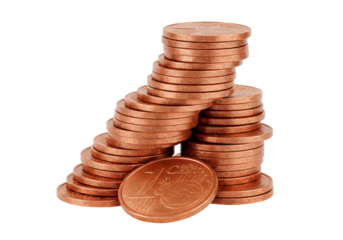 Isolated arrangement of bronze colored one cent euro coins stacked in various piles, money