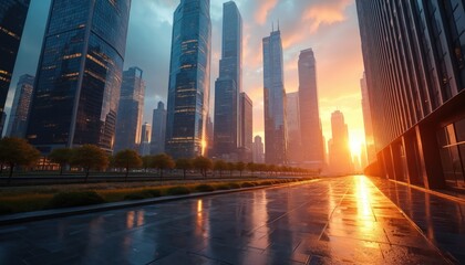 Modern cityscape view at sunset. Skyscrapers create urban skyline in downtown. Reflections on wet city streets. Business district office buildings dominate cityscape in orange sunlight. City life