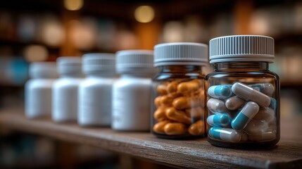 Diverse medication bottles lined up on a shelf, showcasing various pills and capsules for health and wellness solutions.